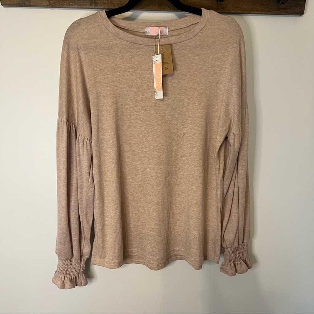 C+D+M‎ Women’s Medium Heathered Brown Balloon Sleeve Smocked Cuff Knit Coquette
